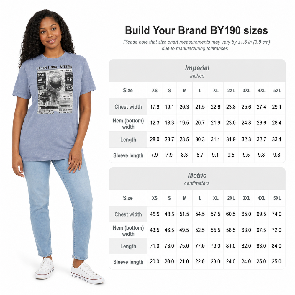 Vintage blue graphic T shirt size chart with model, imperial and metric garment measurements from XS to 5XL.