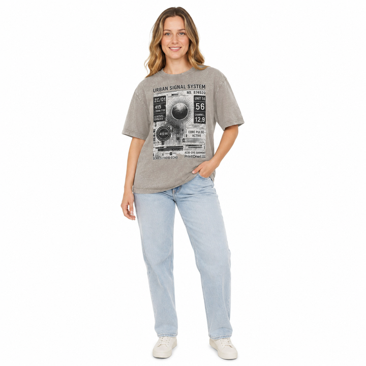Front view of a woman wearing the vintage blue 90s streetwear T shirt with bold graphic print and relaxed shape.