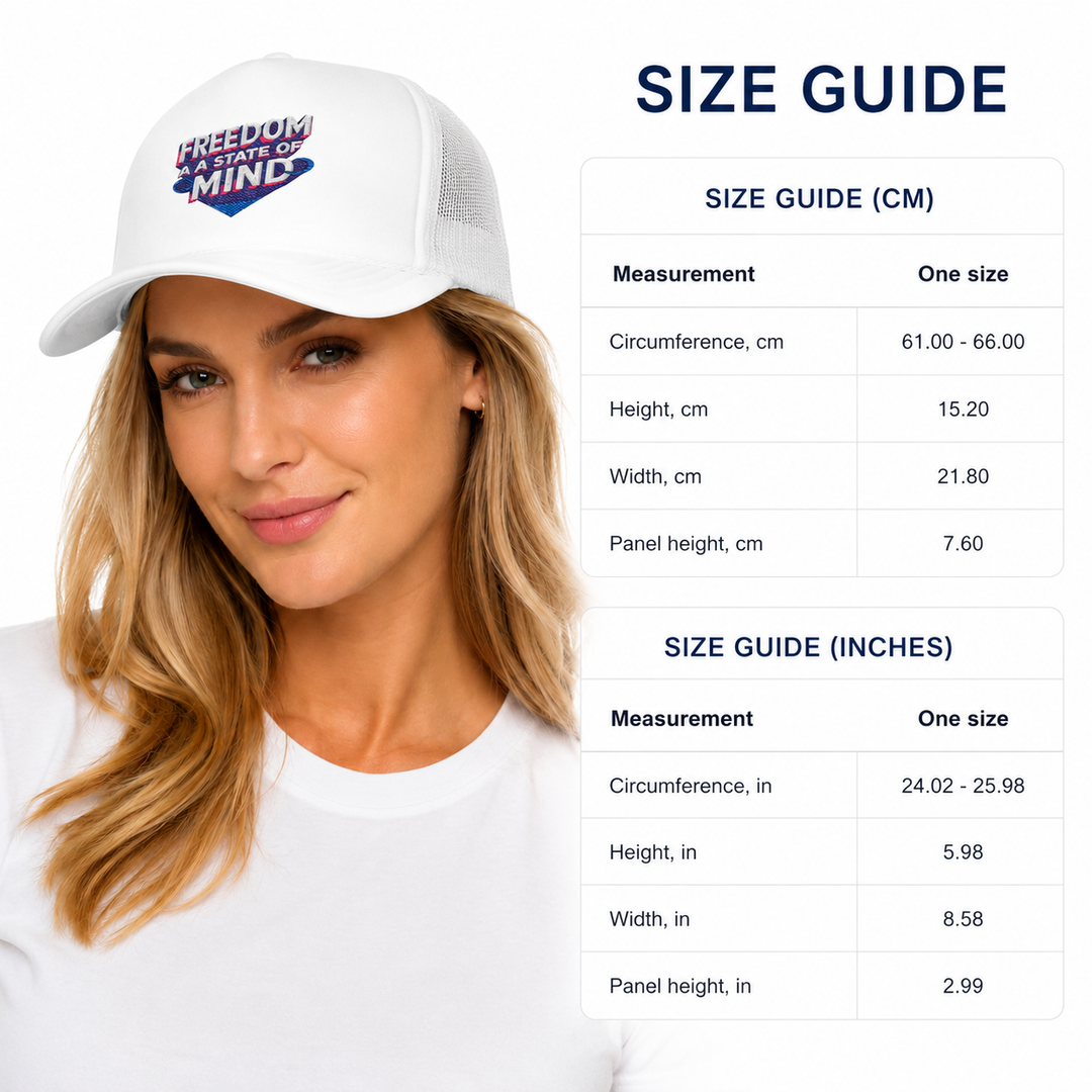 White foam trucker cap with freedom state of mind graphic, mesh side panels and clean summer accessory styling