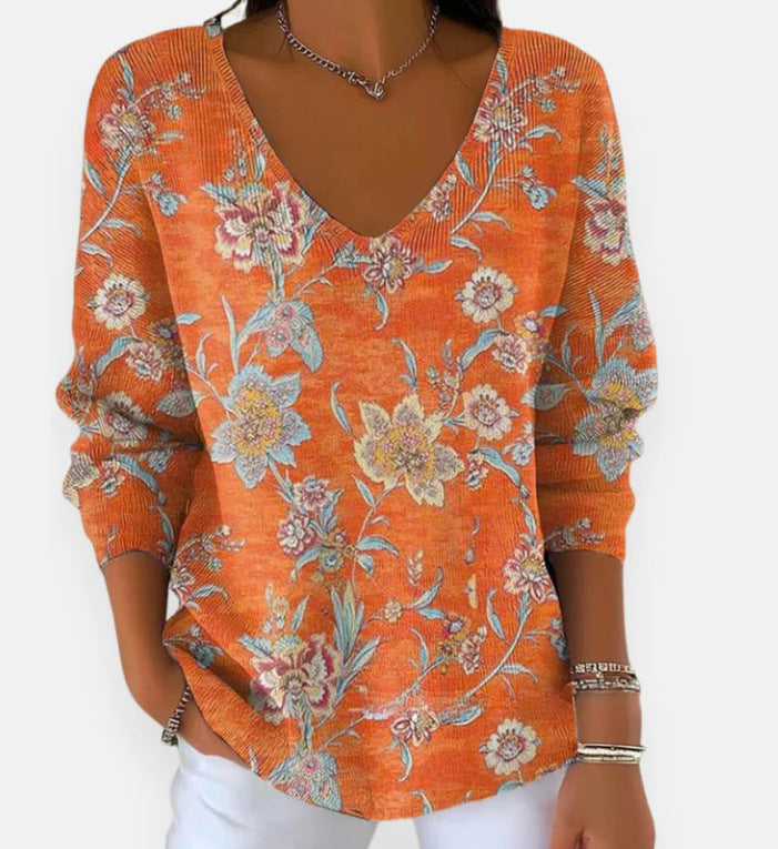 Women's Gradient Color V-neck Long-sleeved T-shirt