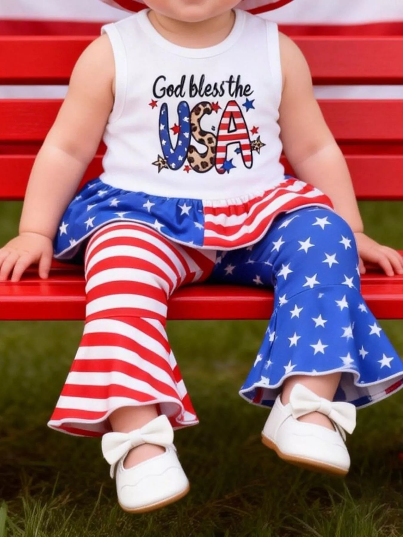 children patriotic outfit set ruffled sleeveless tank and pull-on pants lightweight fabric for warm-weather travel
