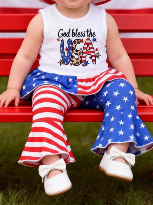 children patriotic outfit set ruffled sleeveless tank and pull-on pants lightweight fabric for warm-weather travel
