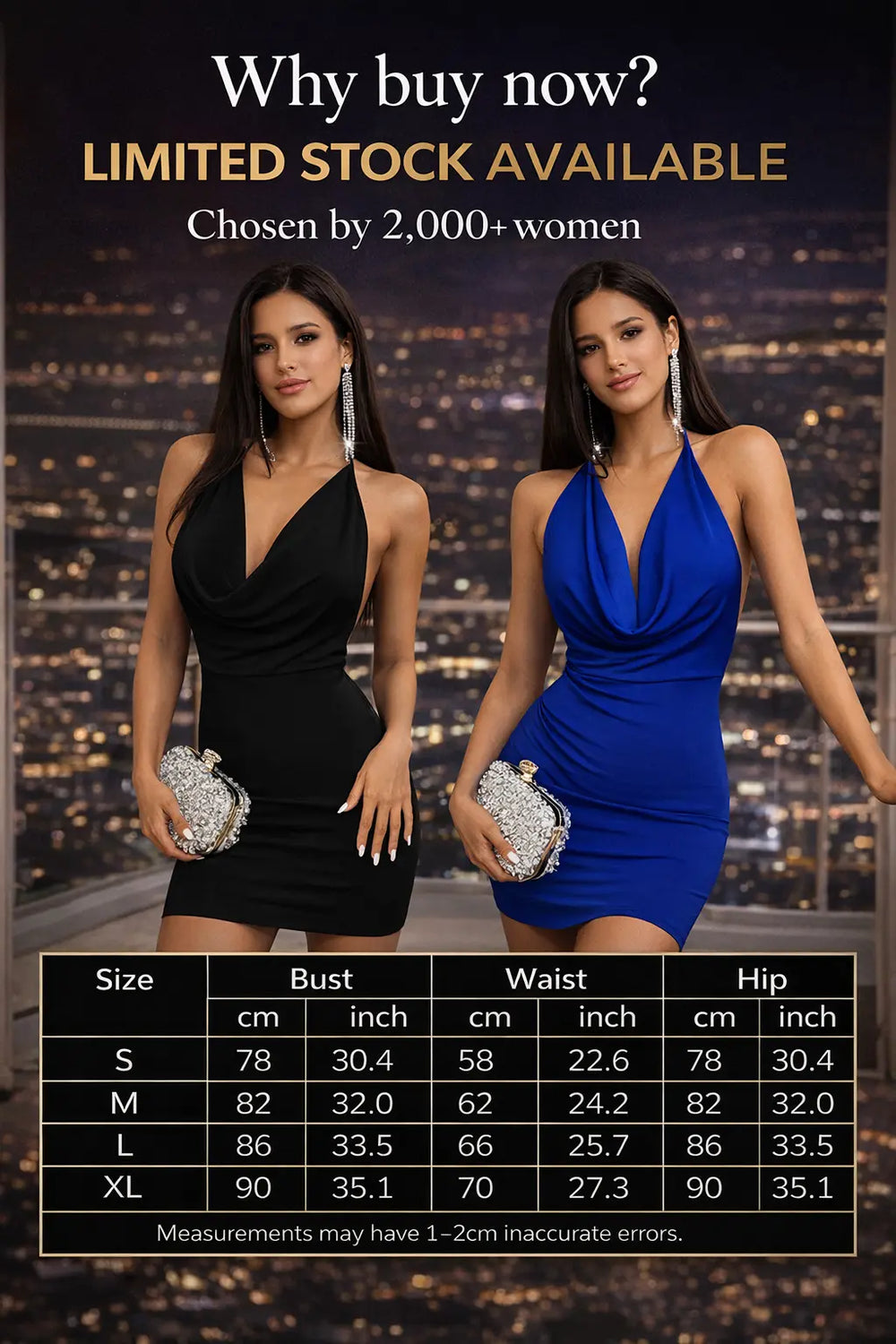 Two women in black and blue dresses with a cityscape background, promoting limited stock and women's choice.