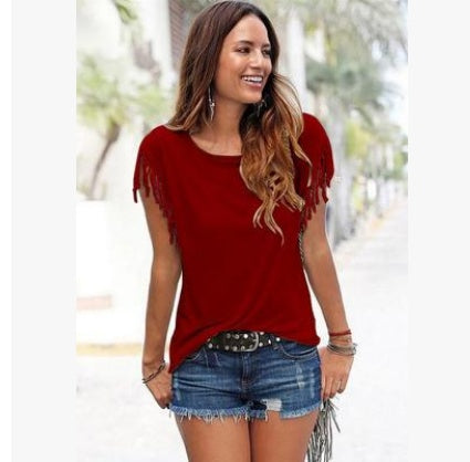 plus size tassel t shirt casual women top paired with jeans look