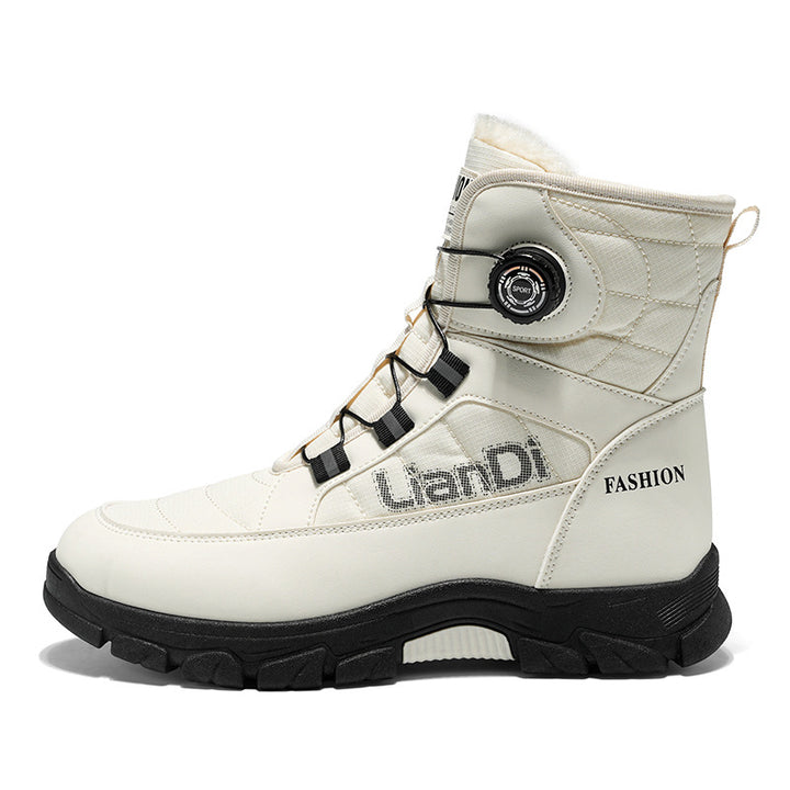 Original image: Side view of a white dial fastened boot with cable lacing on white pictured with the garment details visible.