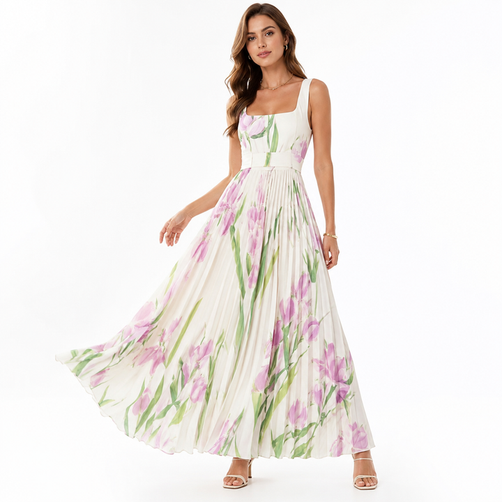 Woman wearing a floral dress on a white background