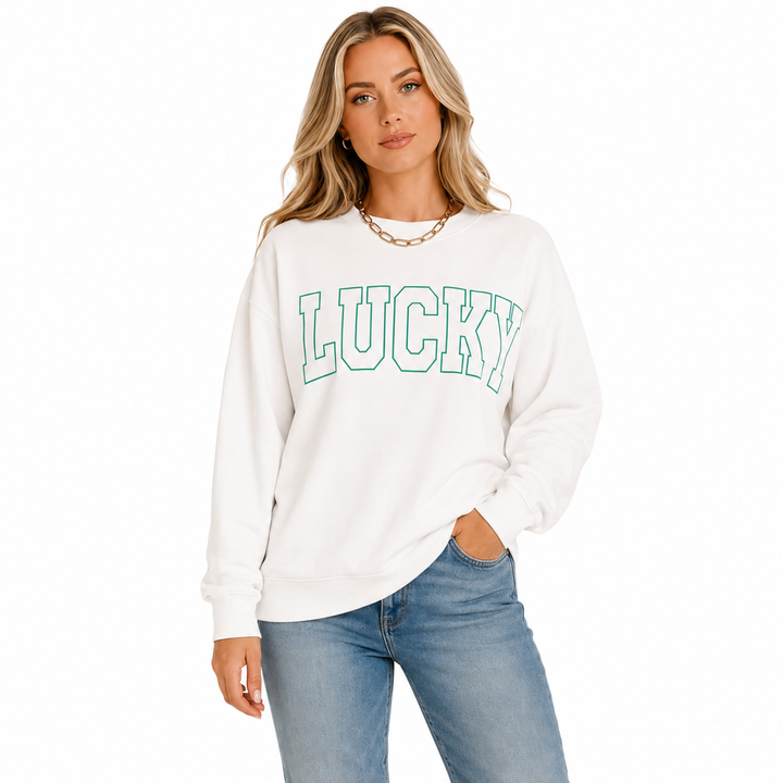 Round neck sweatshirt for women in cotton polyester blend with bold typography and slightly stretchy feel for layering looks.