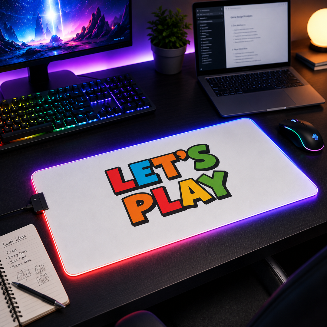 Gaming desk mouse pad with RGB edge glow, rectangle shape, non-slip rubber backing and smooth polyester tracking surface now.
