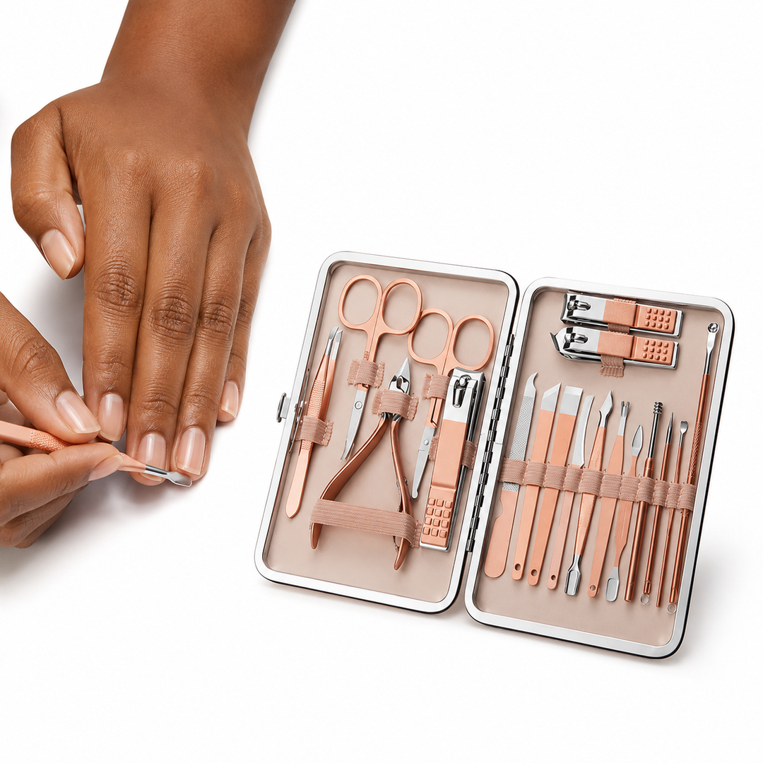 Nail clippers set with stainless steel manicure and pedicure tools arranged in a storage case for organized grooming routines