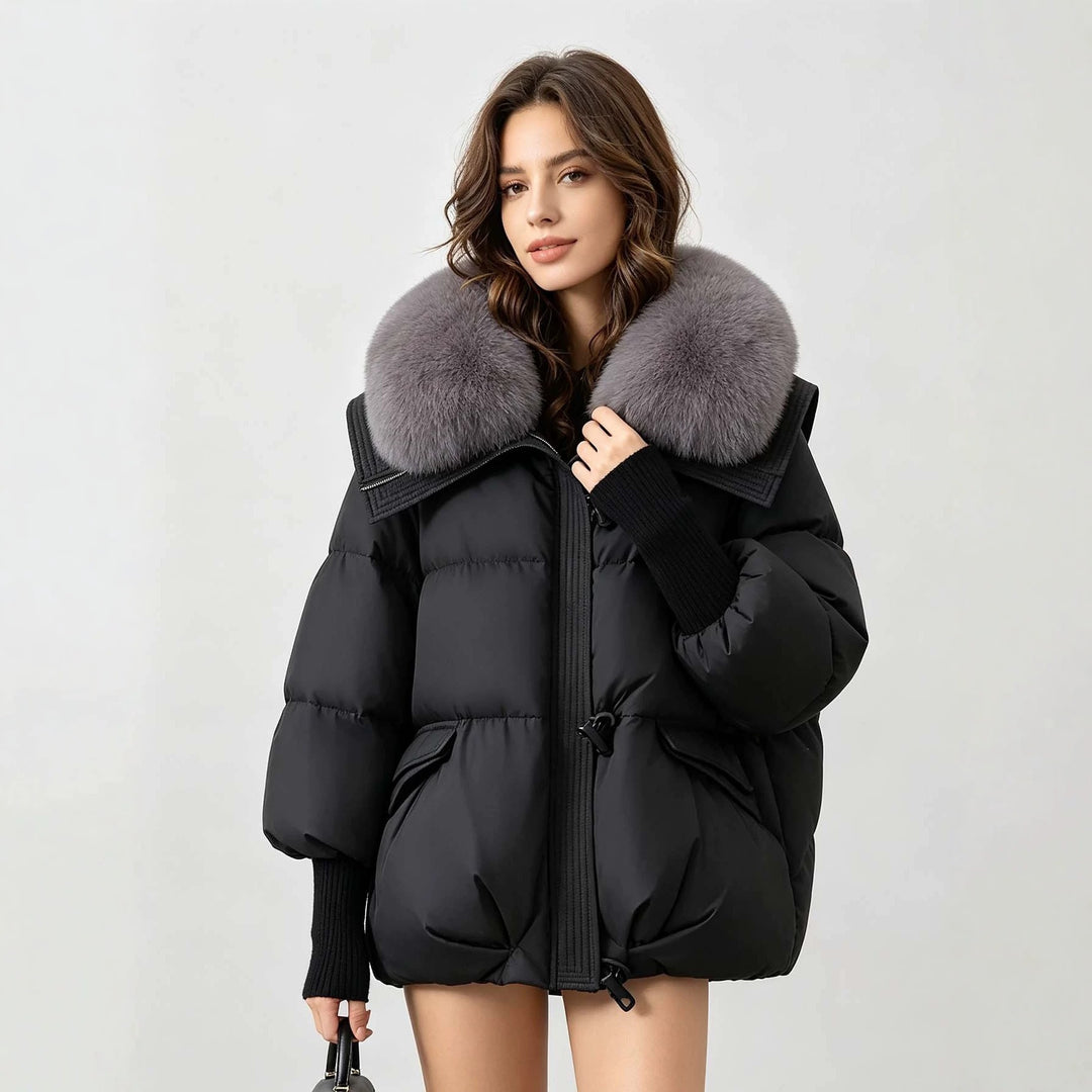 Black puffer jacket with grey faux fur collar