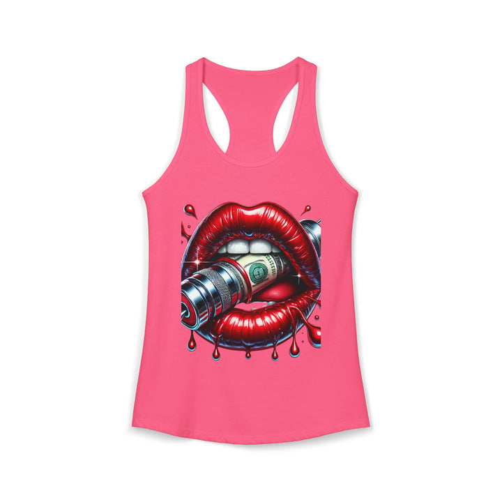 Pink tank top with a graphic design of red lips holding a money bill on a white background