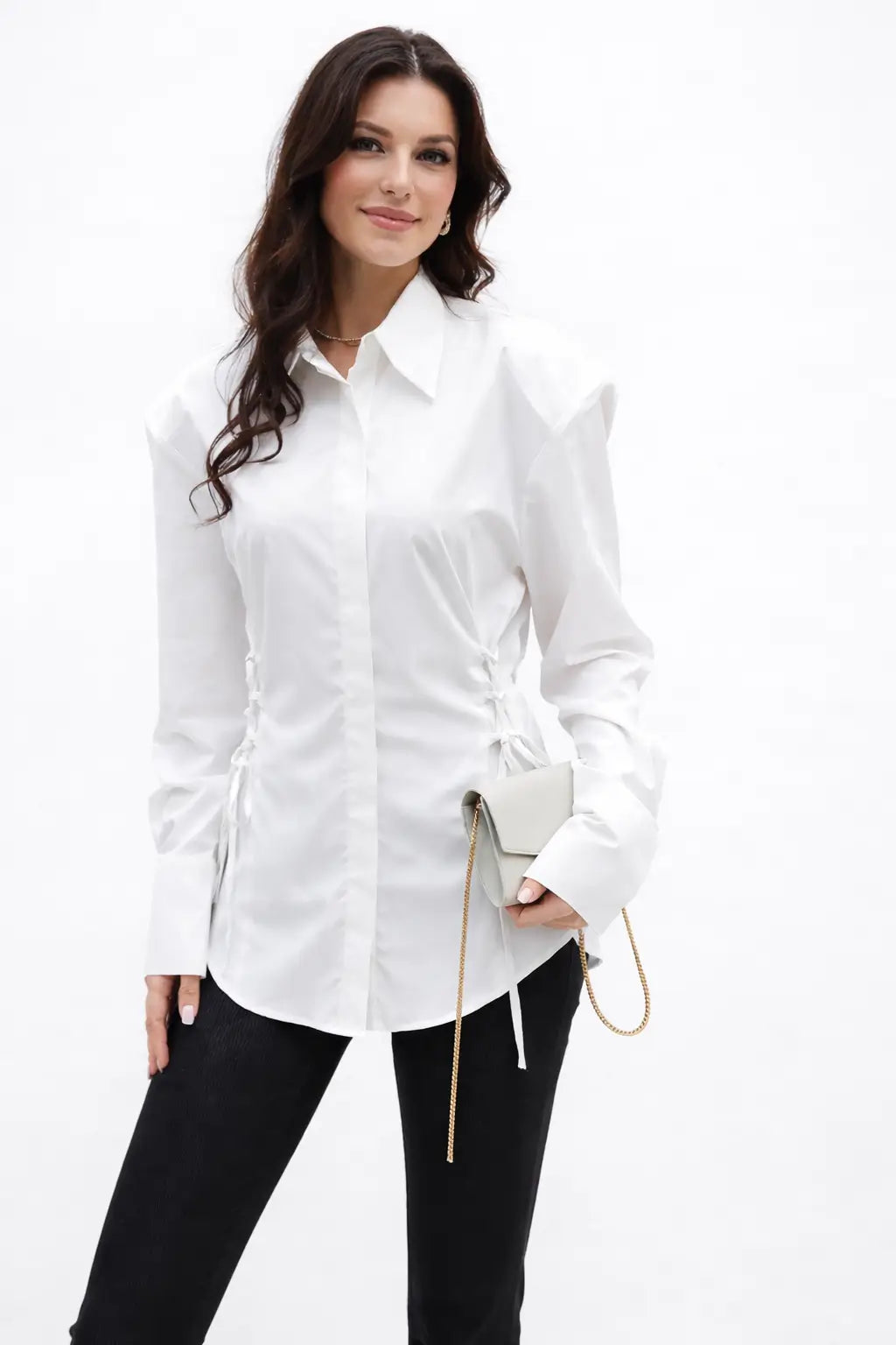women's lace up button shirt collar detail polished fabric finish