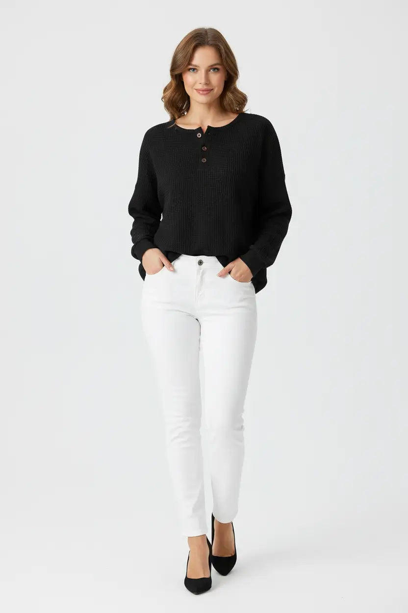 Waffle Long Sleeve T Shirt Women Loose Button Pullover Top