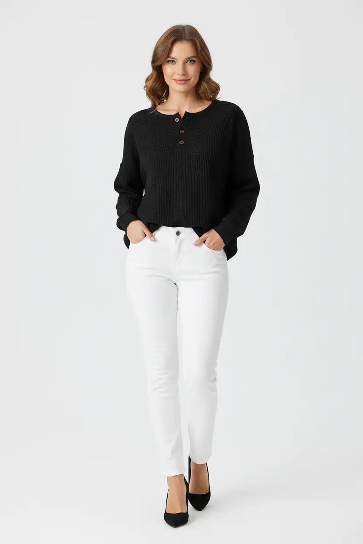 waffle long sleeve T shirt women black textured fabric detail round neck buttons
