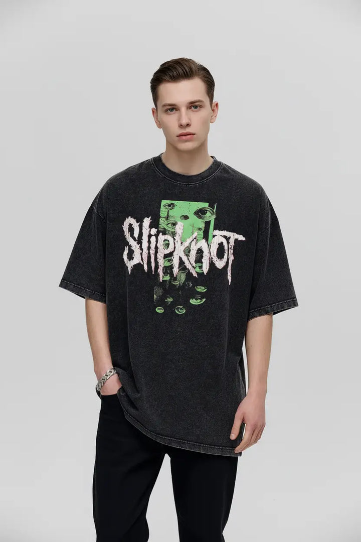 Slipknot vintage wash T-shirt back view oversized fit against neutral background