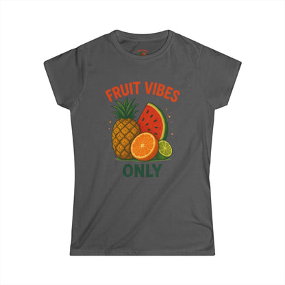 Gray women's tee with colorful tropical fruit graphic