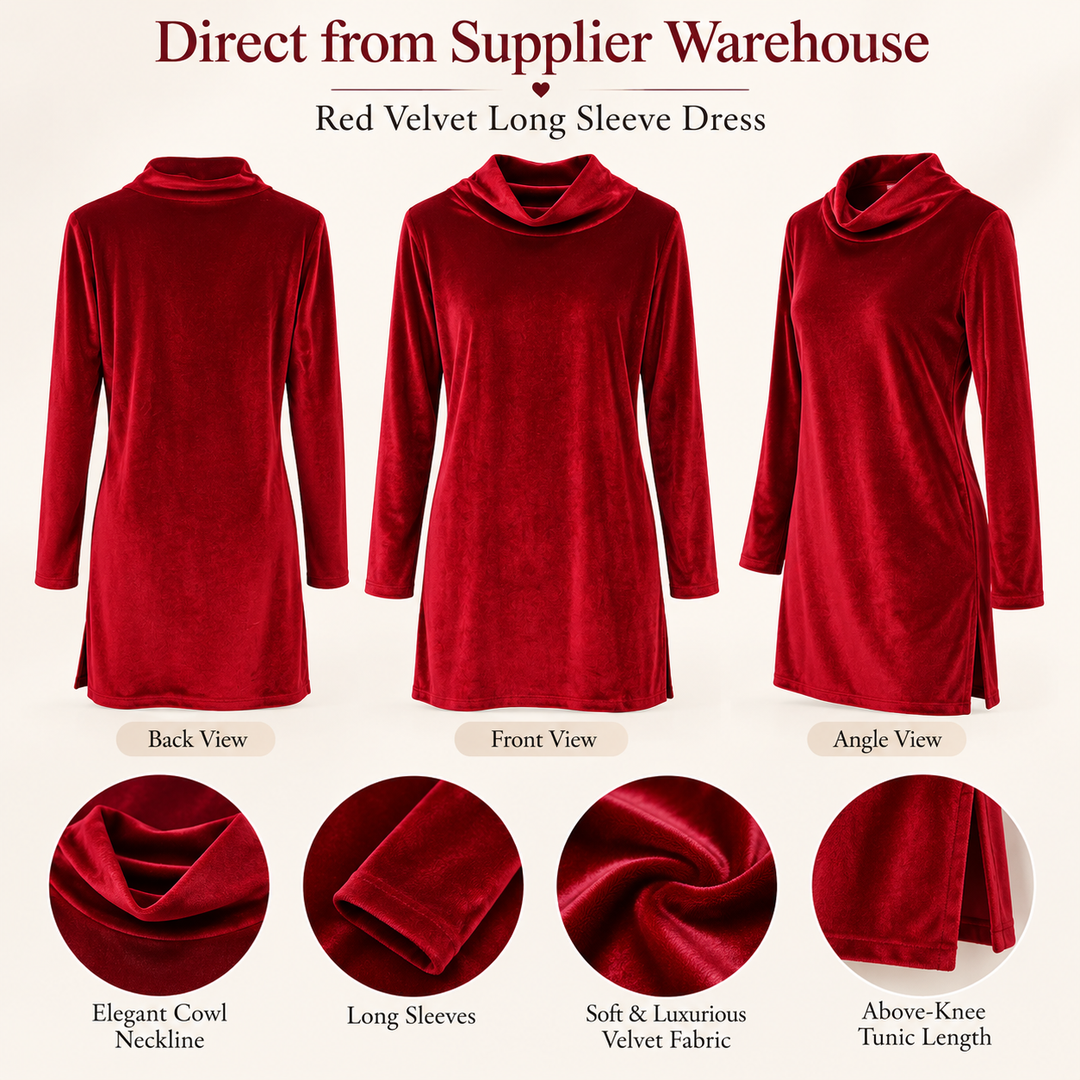 Three views of a red velvet long-sleeve cowl-neck dress shown on a light beige background, with text labels for back, front, and angle views, plus four circular fabric close-ups highlighting the material and features.