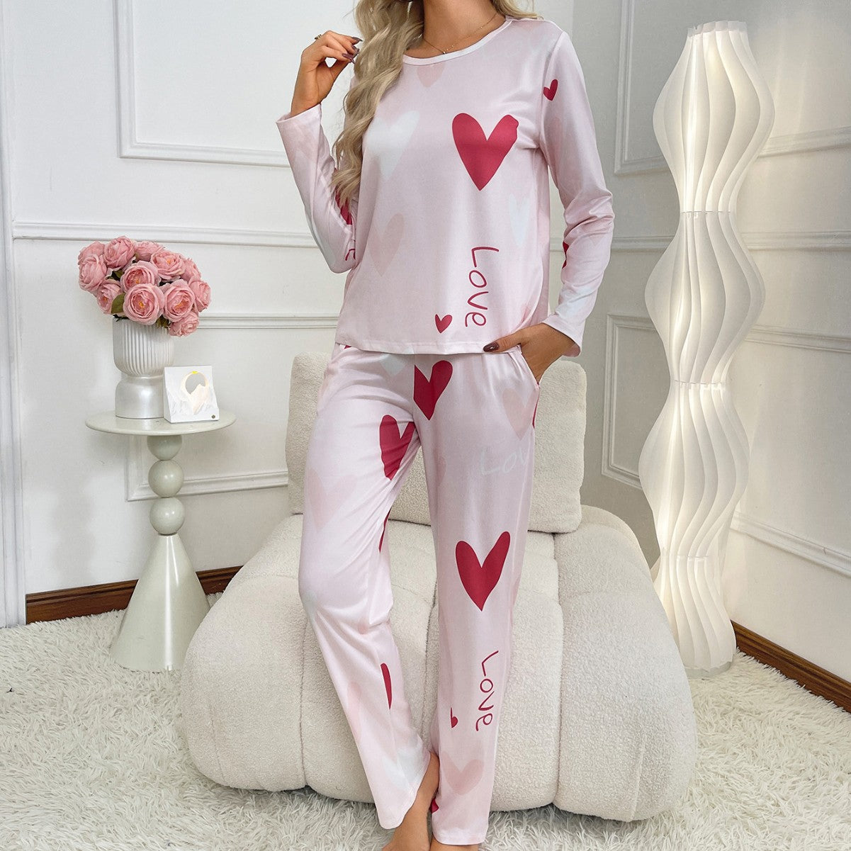 Love print pajama set women medium thickness polyester fabric relaxed fit sleepwear
