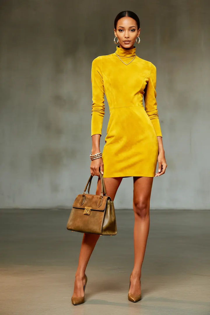 Suede Turtleneck Bodycon Dress Sculpted Slim Fit Design