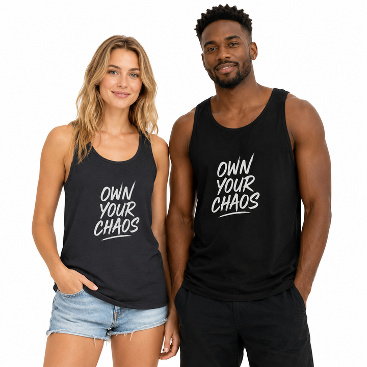 Own Your Chaos graphic tank top displayed on an adult model, showing the sleeveless cut, relaxed fit, and bold front message.
