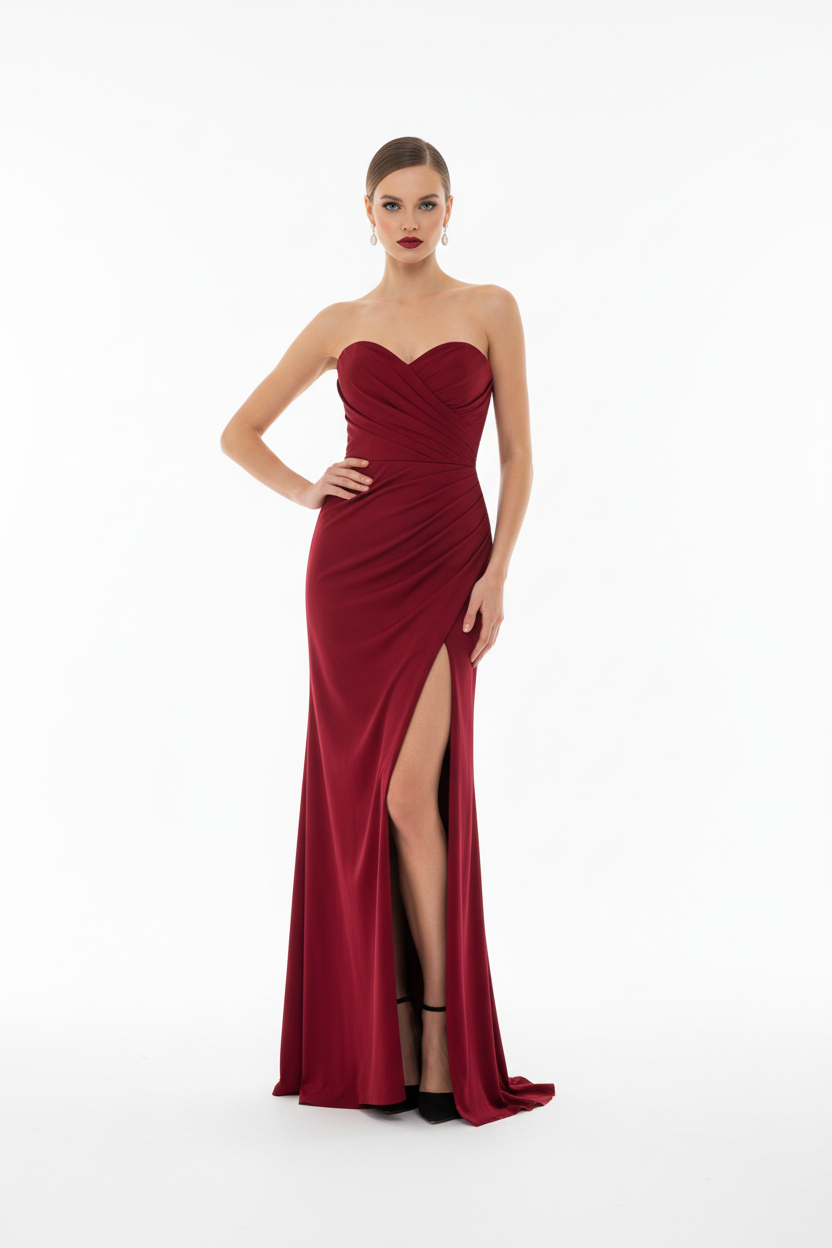 Strapless Pleated Maxi Dress Elegant Split Style Summer