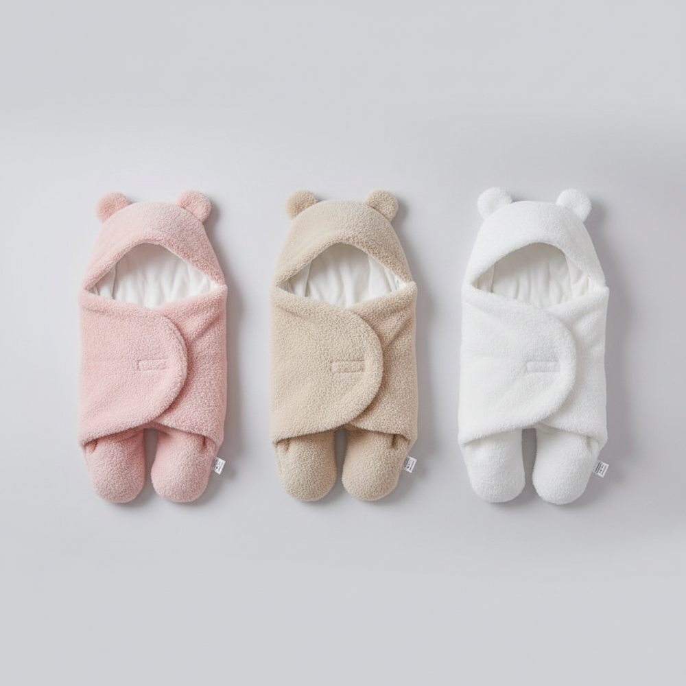 Three baby swaddles in pink, beige, and white on a light gray background