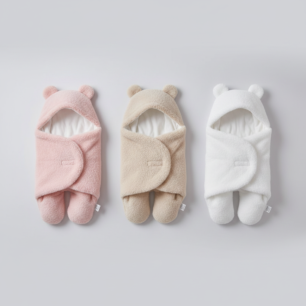 Three baby swaddles in pink, beige, and white on a light gray background