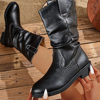mid calf western boots women smooth pu leather texture