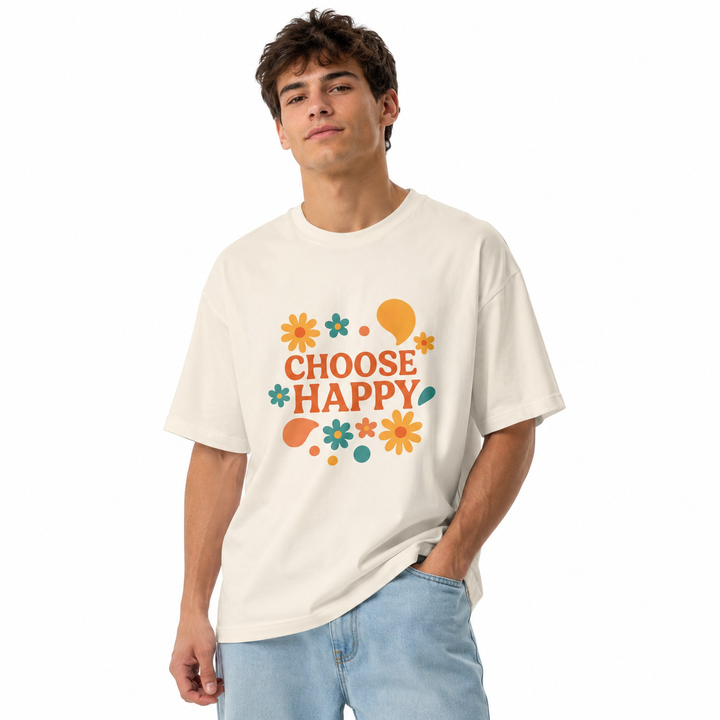 White oversized graphic tee with retro flowers on a clean studio background
