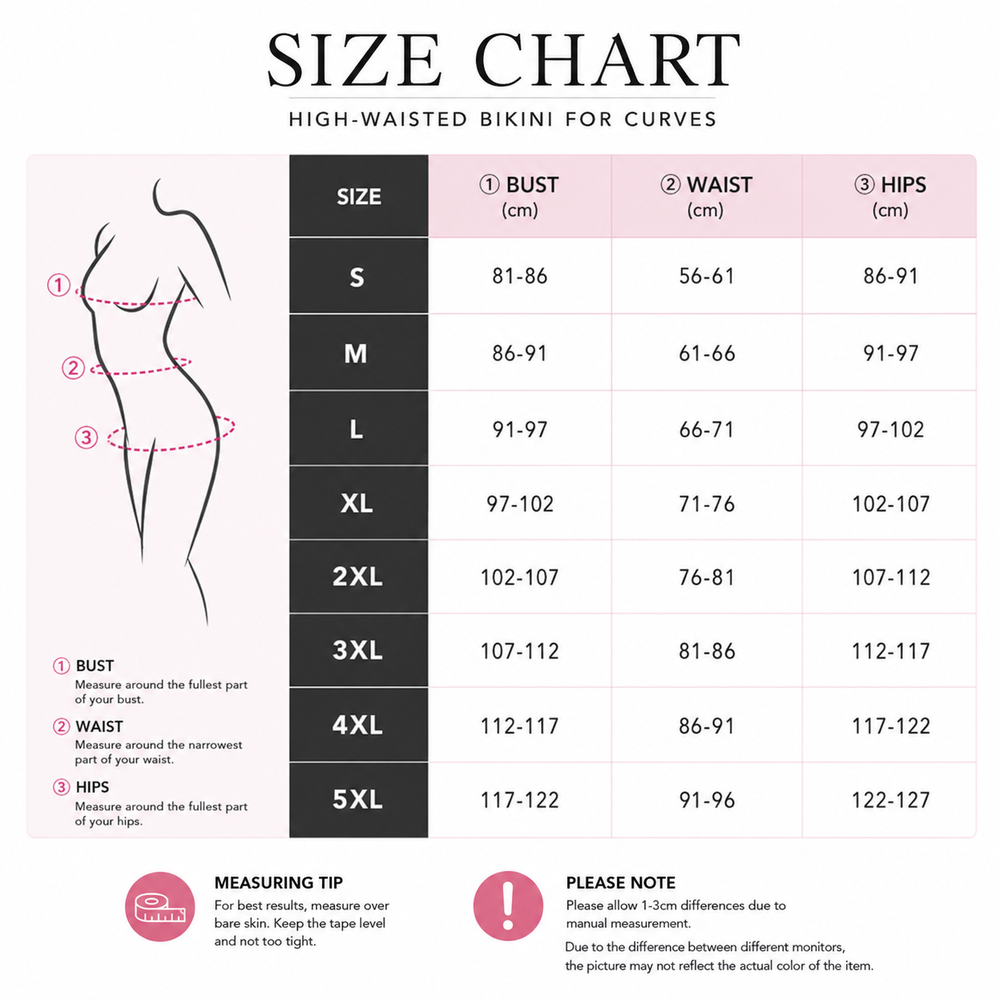 Size chart for high-waisted bikini for curves with measurements in centimeters.