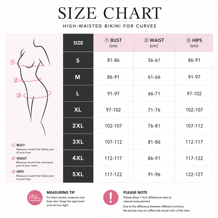 Size chart for high-waisted bikini for curves with measurements in centimeters.
