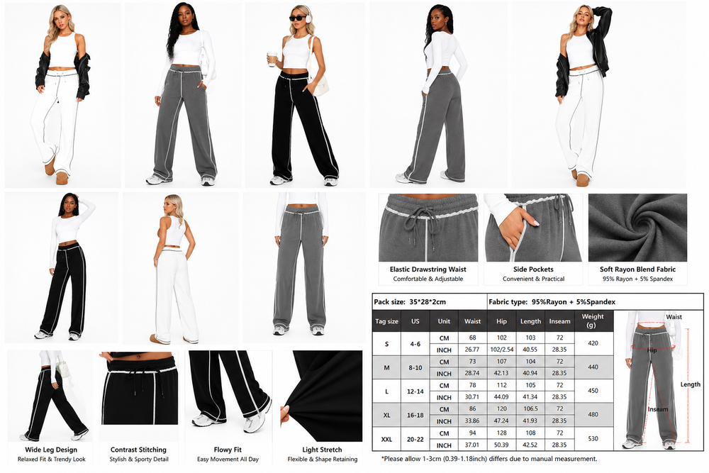 A collage showing multiple models wearing different color and style variations of wide-leg pants, including black, gray, white, and dark gray options. The layout includes close-up detail shots of the waistband and side pockets, a fabric texture close-up, a sizing chart, and text labels describing features like elastic drawstring waist, side pockets, and soft rayon blend fabric.