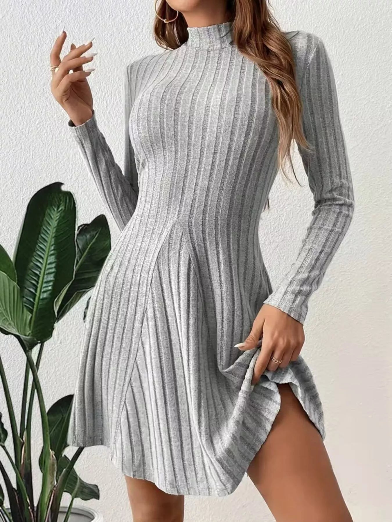 fitted ribbed mini dress long sleeves mock neck sleek minimalist fashion look
