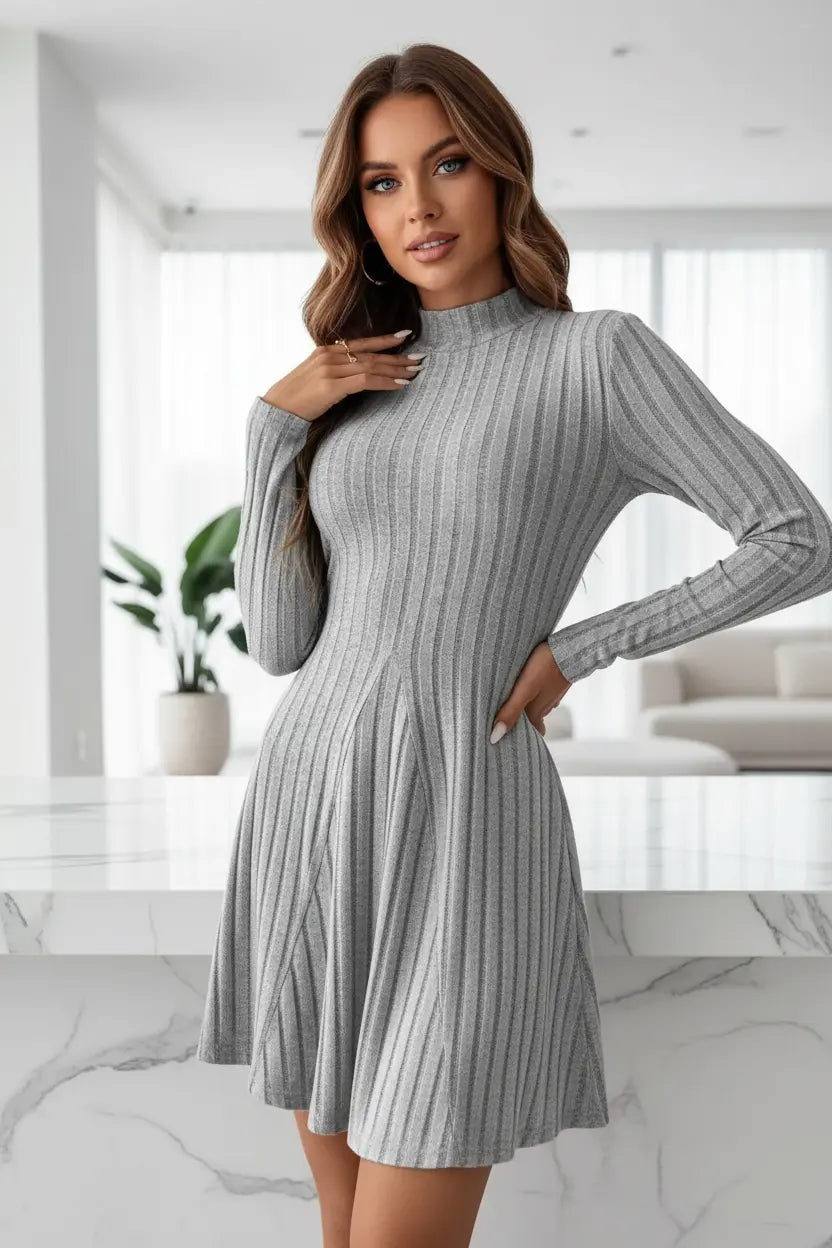Ribbed Knit Mock Neck Mini Dress - Ultra Sleek Fit Pro