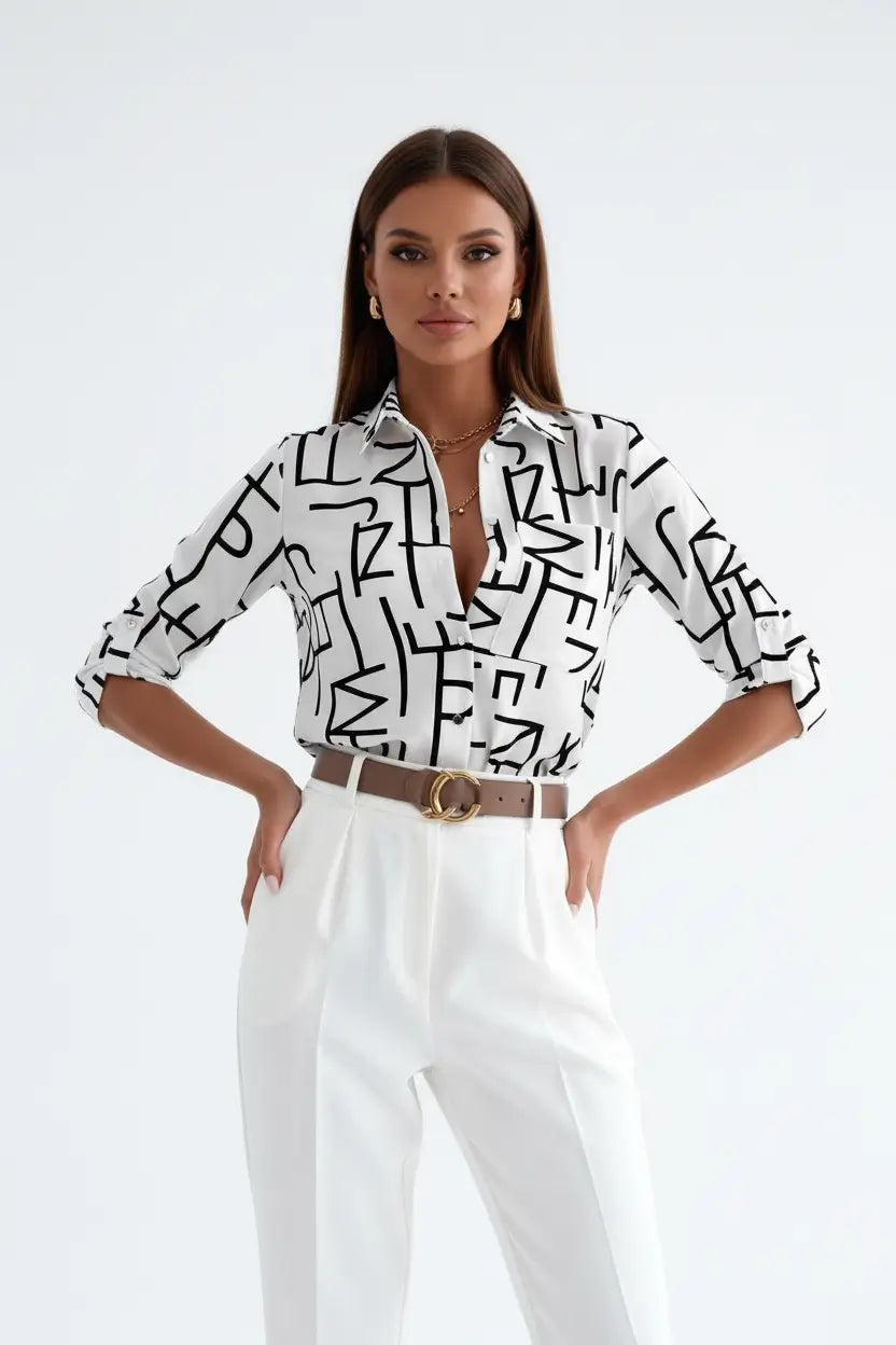 Printed long sleeve top red cashew flower print with visible lapel and button front