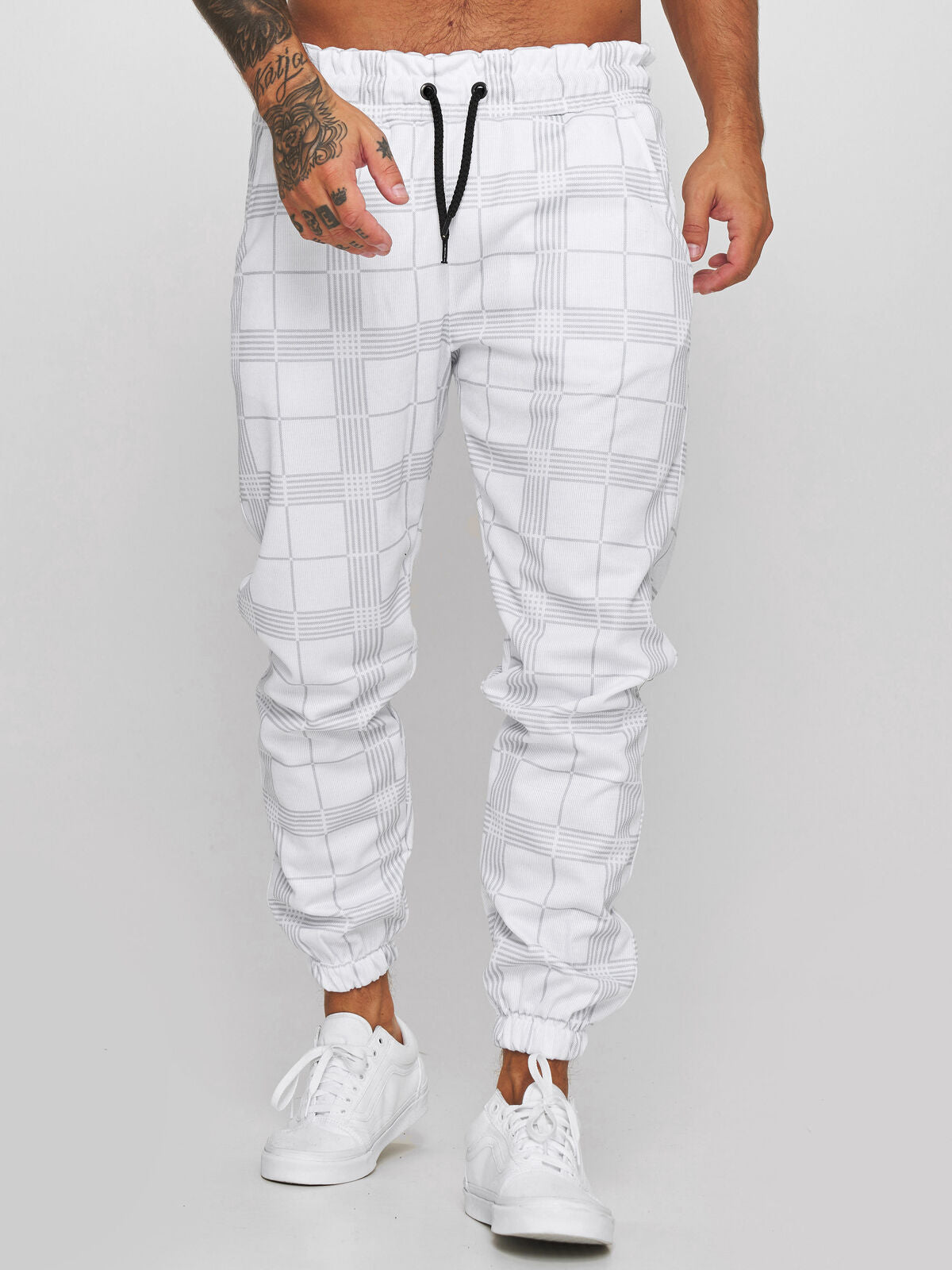 men's checkered pants mid-waist cotton trousers in dark grey 3D plaid print for everyday wear and layering

