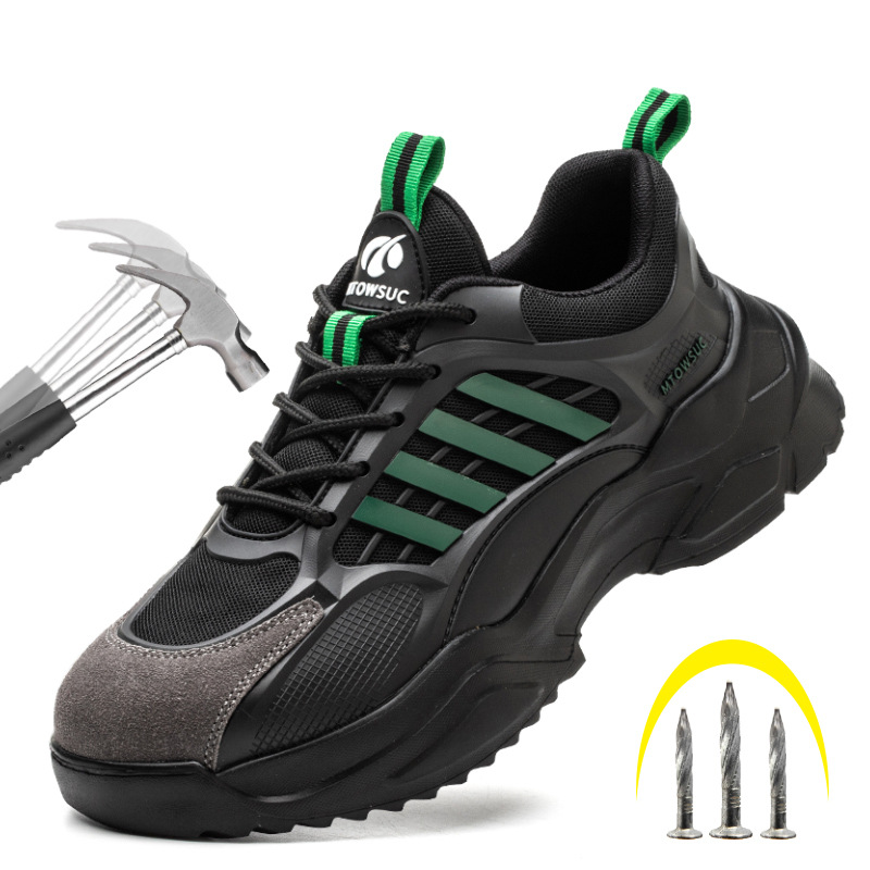 Black / Green steel toe work shoes with anti-smashing and anti-piercing protection