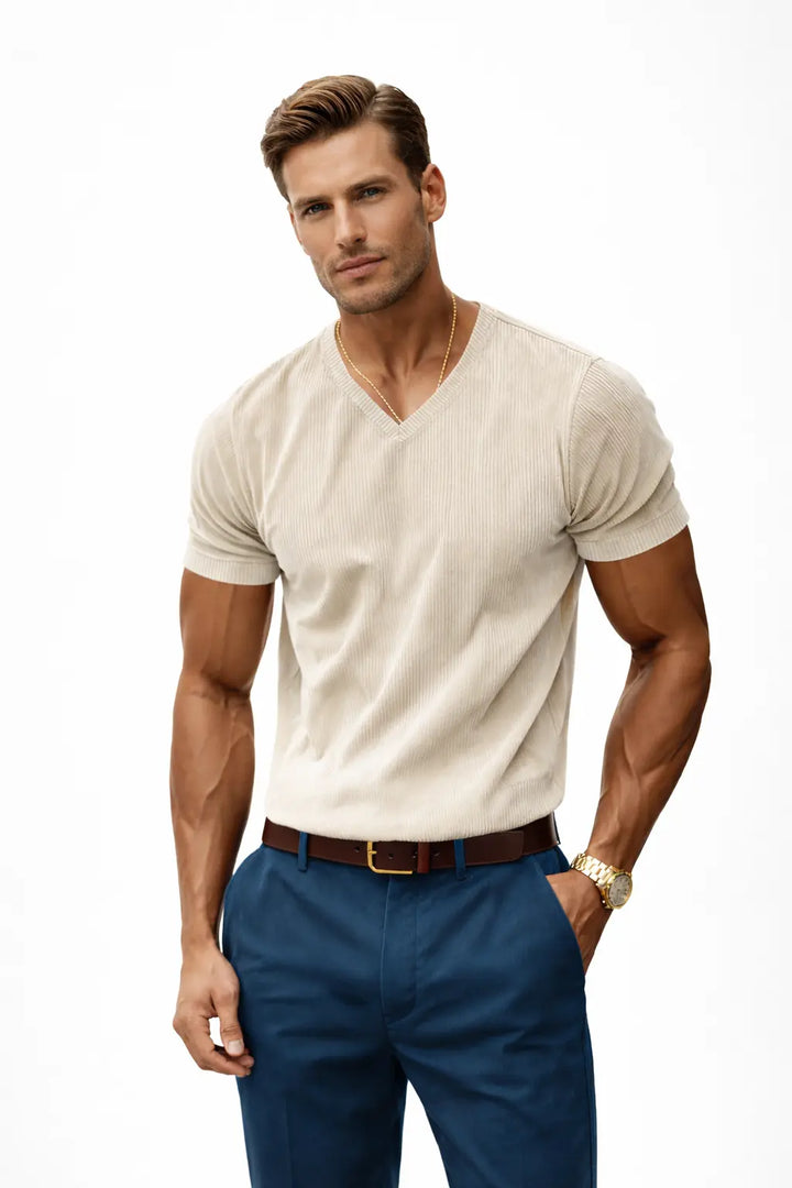 loose casual men's V-neck t-shirt army green lightweight fabric texture detail