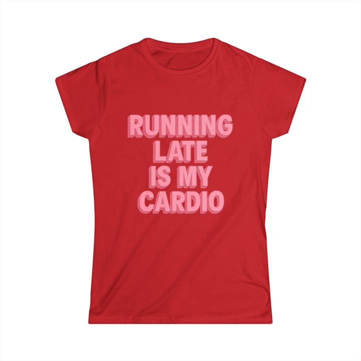 Women’s white Running Late T-shirt with comfortable fit, short sleeves, clear front graphic, and everyday fitness humor.