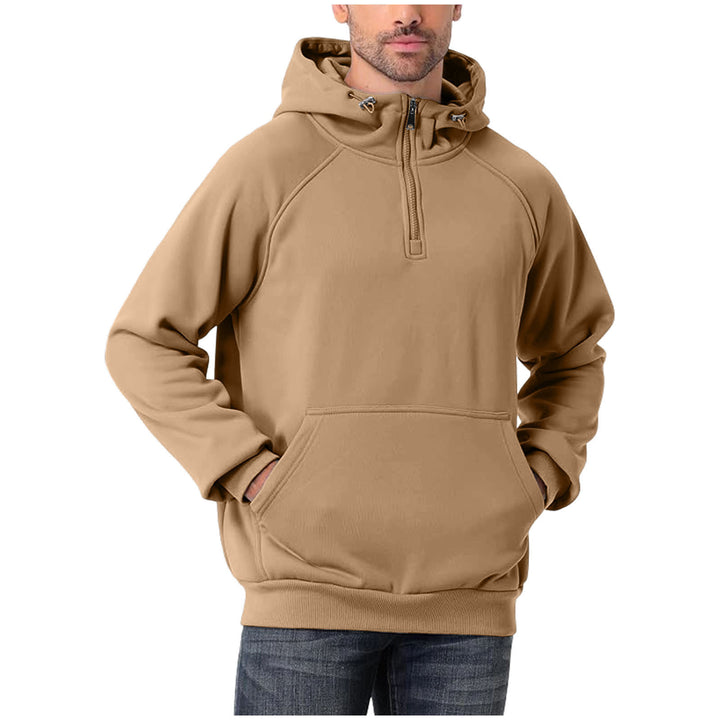 Tan hoodie worn by a person on a white background