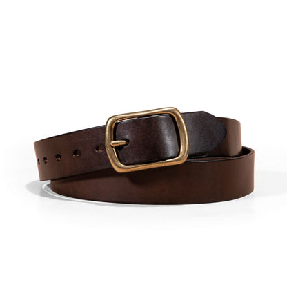 brown genuine leather belt brass buckle close fit with tailored casual pants
