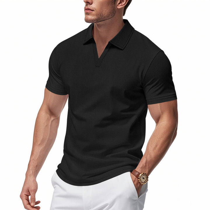 short sleeve polo shirt men styled for warm city evenings