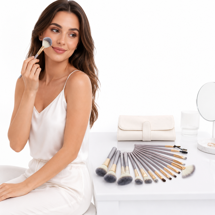 Champagne handle makeup brush set with rice white brush heads and 12, 18 or 24-piece selections in a clean, logo-free design.
