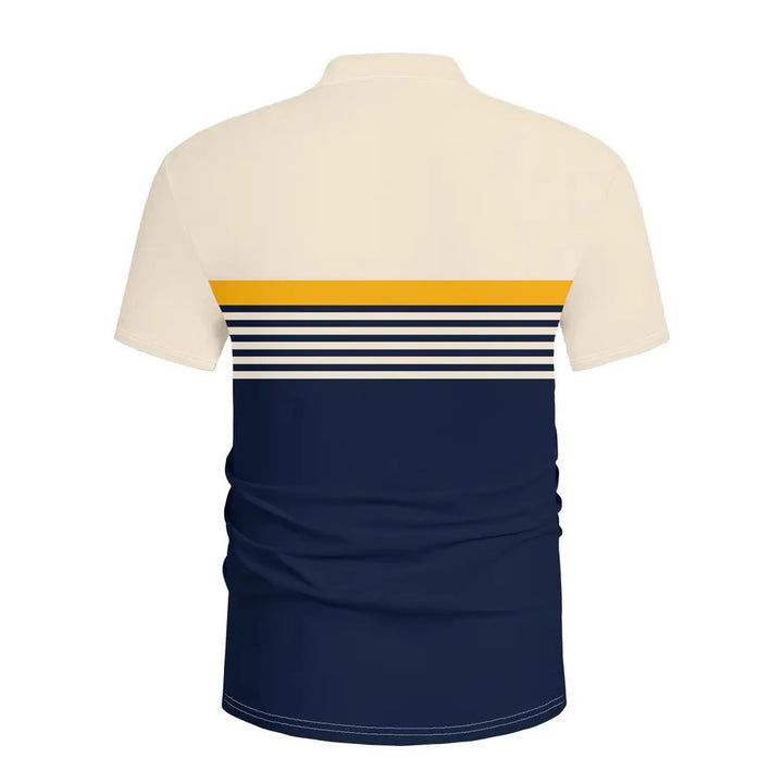 Navy and beige polo shirt with yellow and white stripes on a white background