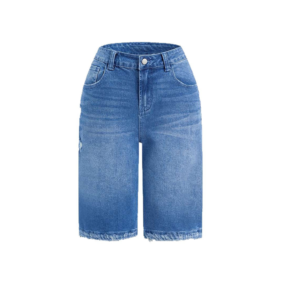 Side view of straight-cut denim shorts with worn-in ripped accents