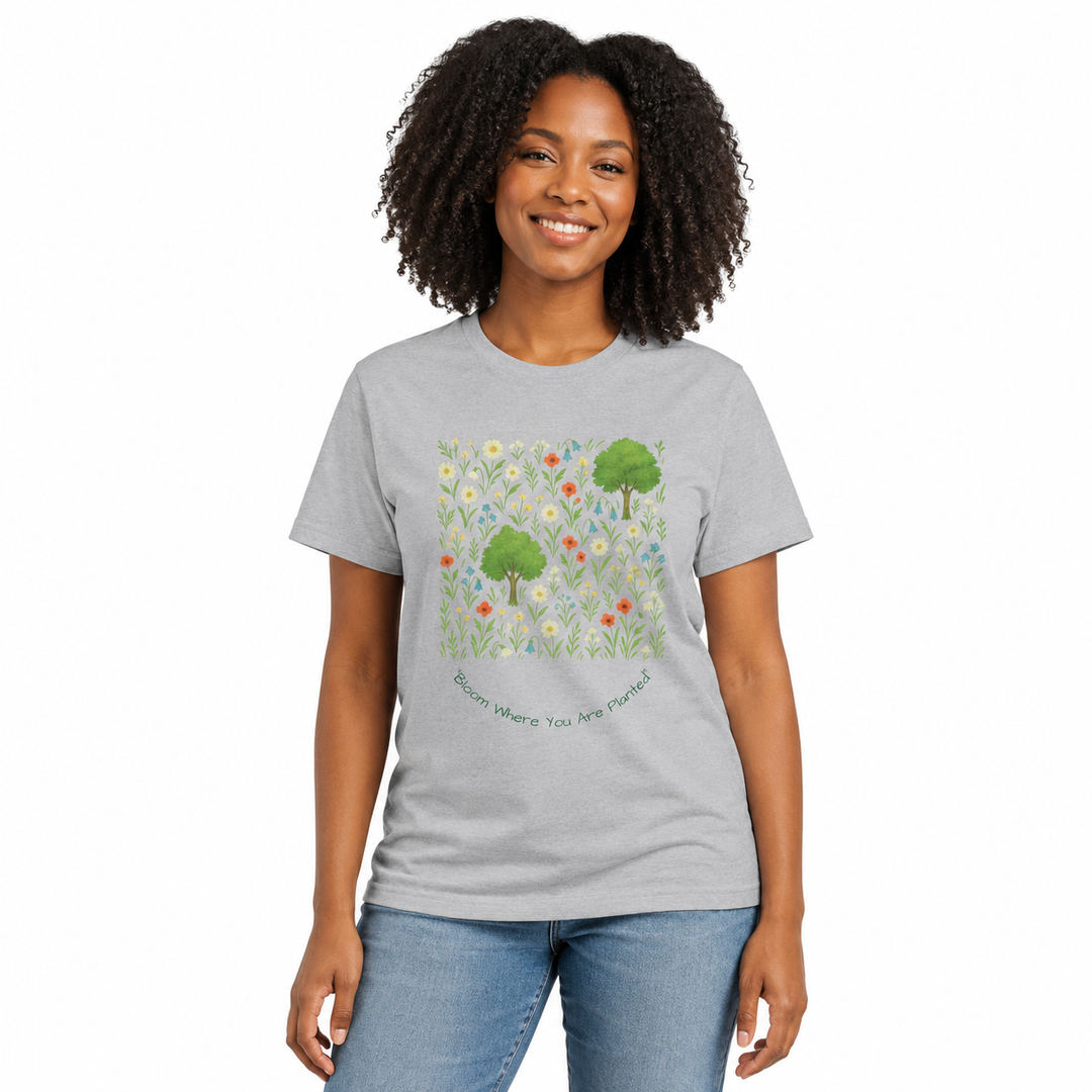Floral t shirt with delicate nature-inspired motif, soft ring-spun cotton, ribbed collar, and timeless unisex everyday style.
