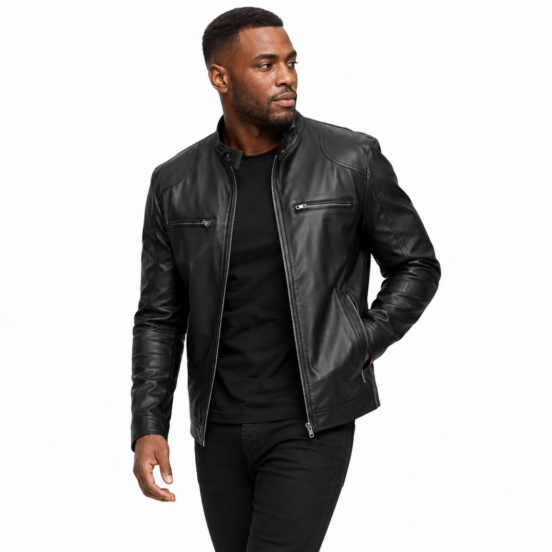 Classic black mens leather jacket with genuine leather shell, stand collar, slim fit and useful pockets for work or evenings.