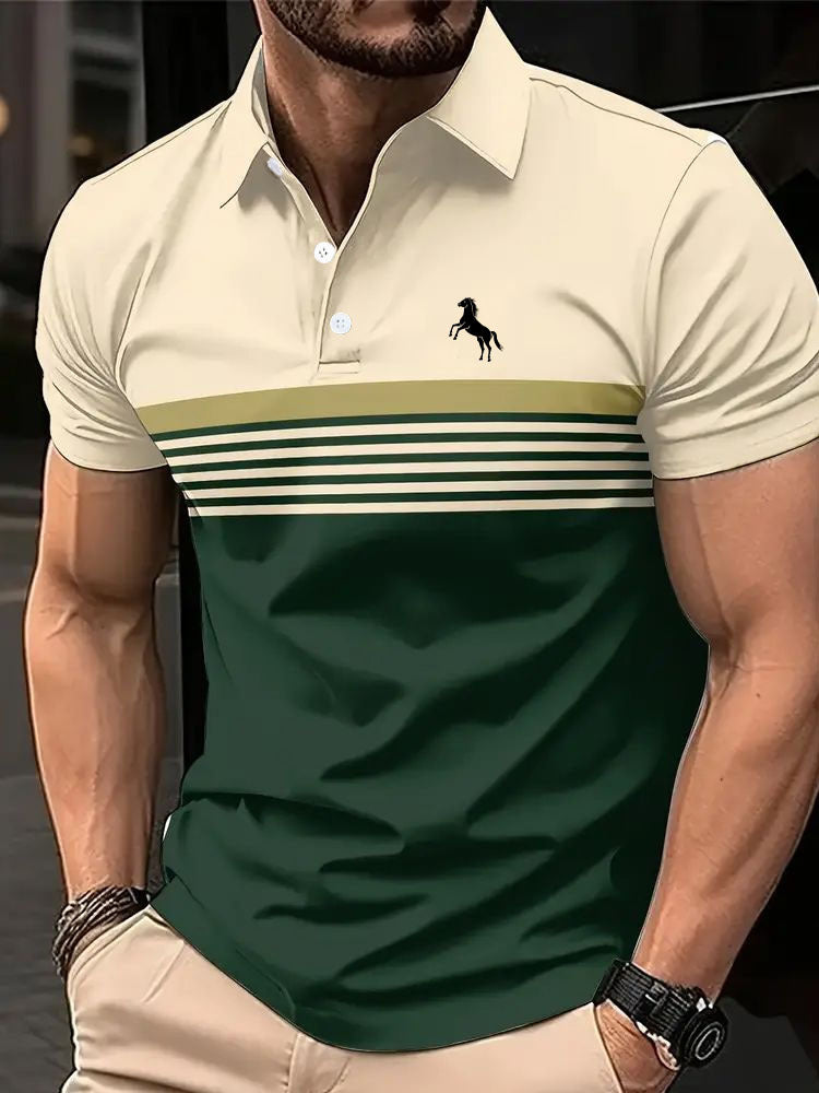 Man wearing a green and beige striped polo shirt with a logo.