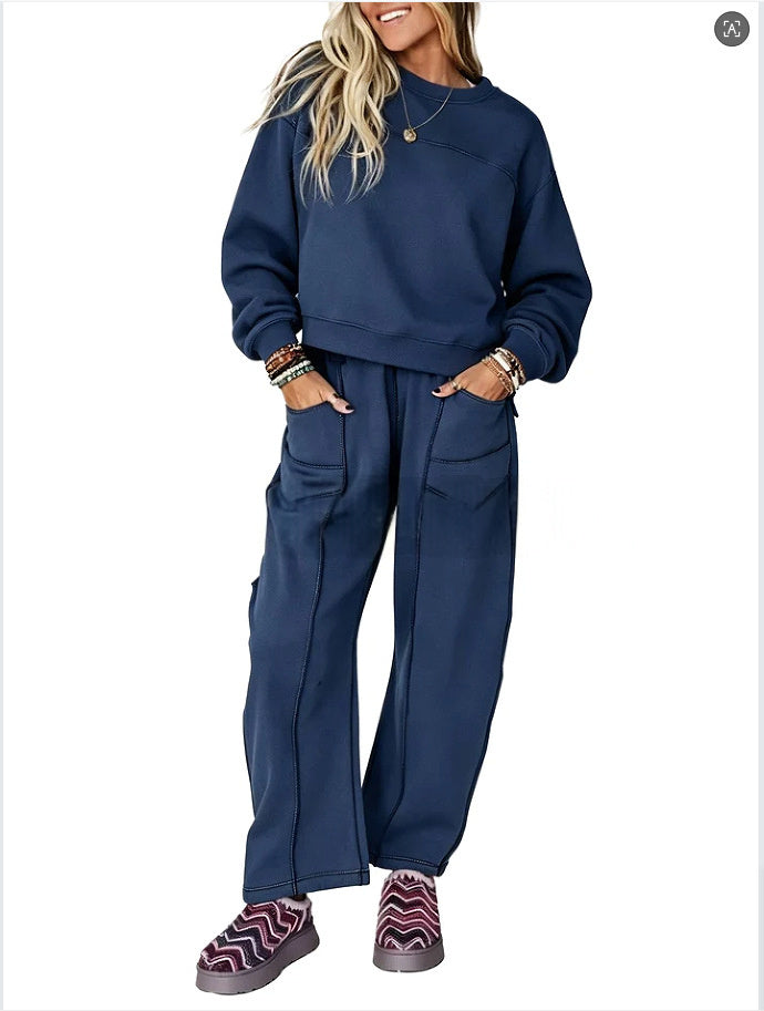 Original supplier model photo of the navy blue sweatshirt and wide-leg trouser set