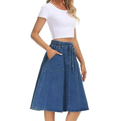 denim skirt slip-in style front shot on model